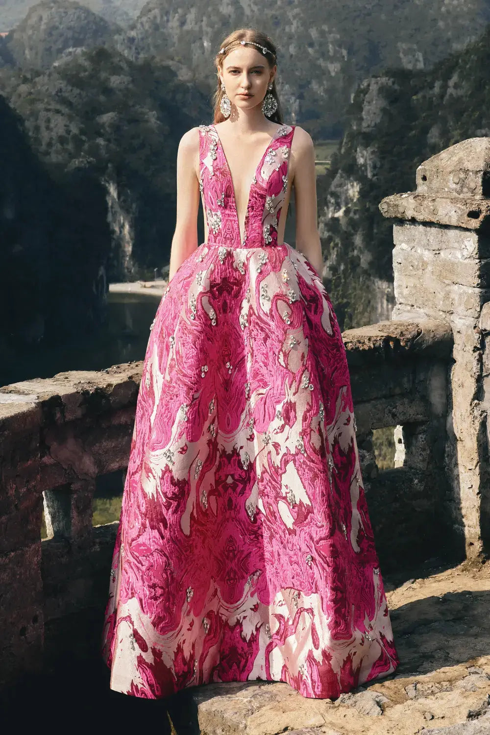 See-Through V-Chest Stone Embellished Dress - TRACY COUTURE